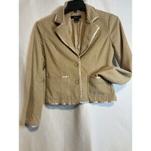 Y2K Beige Corduroy Jacket Blazer M Satin Trim Light Academia 70s Career Classic